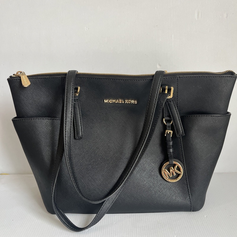 Michael Kors Charlotte Large Saffiano Leather Top Zip Tote Bag Black Gold
